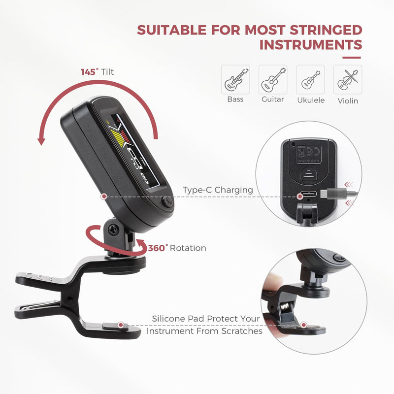 41PCS Guitar Picks Rechargeable Guitar Tuner Clip on Chromatic Digital Tuner Acoustic Guitar Accessories Kit for Guitars Violin, Ukulele, Bass