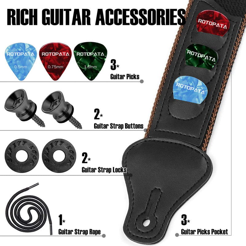ROTOPATA Guitar Strap with Pick Holders, 2 Buttons 2 Locks 3 Guitar Picks, Cotton Strap with PU Leather Ends, Length Adjustable for Son Daughter (Black)