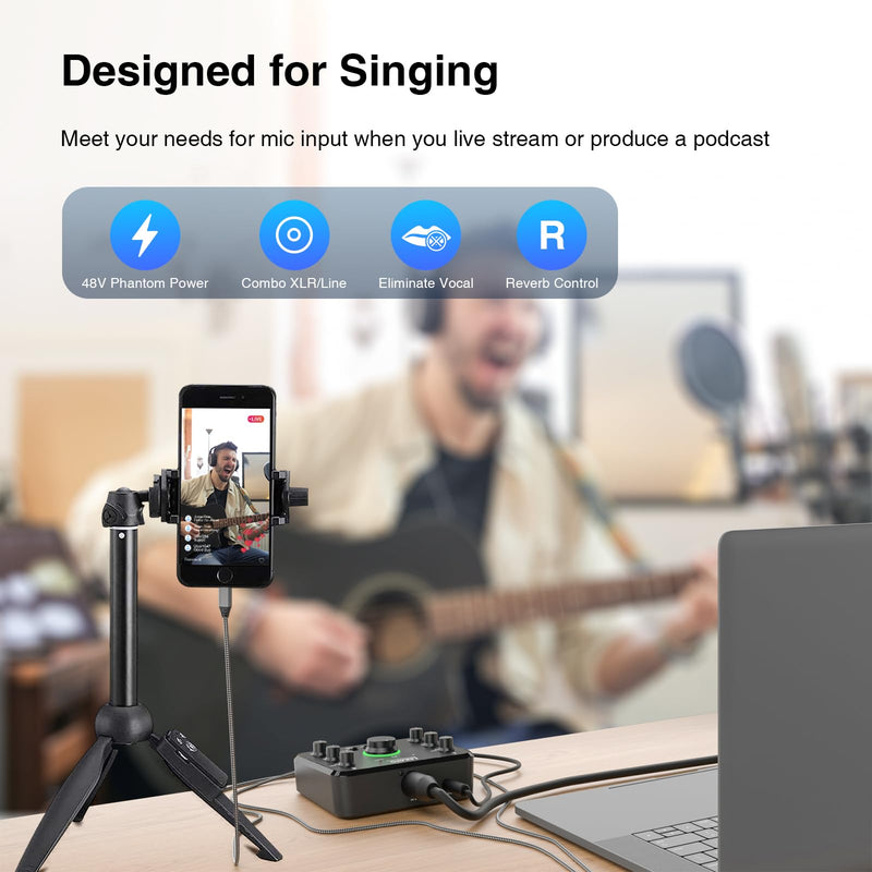 LEKATO Rechargeable Bluetooth Audio Interfaces, USB Audio Interface with XLR Mic, Hi-Z Line, 24bit/96kHz, 48V Phantom Power for Gaming Vocal Streaming Podcast Recording