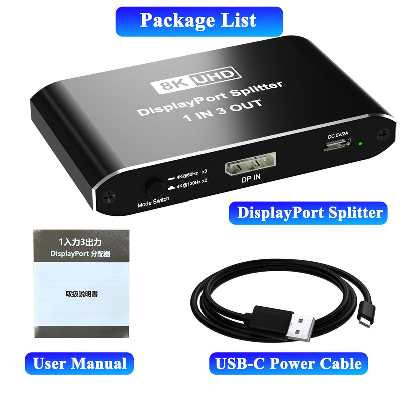 [AUSTRALIA] - Displayport Splitter 1 in 3 out, 8K@60Hz, 4K@120Hz, Resolution DP 1.4 DisplayPort Switcher Selector Box, DSC Support, Display Port Switcher Compatible with PC, Laptop, Monitor, Gaming, TV, NVIDIA, AMD 