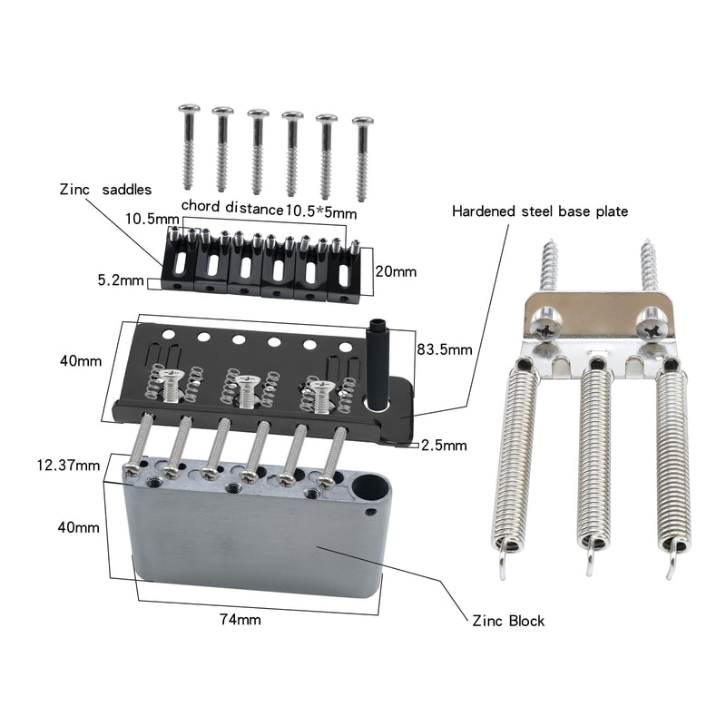 10.5mm Electric Guitar Bridge 6 Point tremolo bridge Zinc Alloy Block Saddles Stainless Steel Plate Compatible with Stratocaster Start Guitar Replacement Parts (Glossy Black)