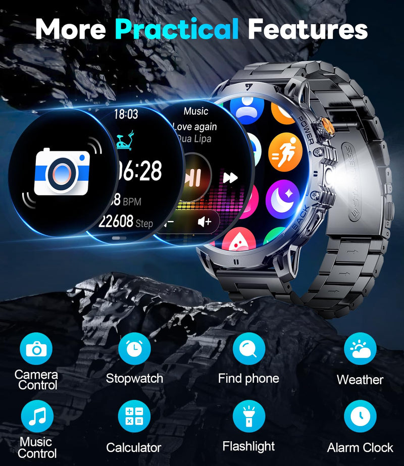 LIGE Military Smart Watches for Men(2 Bands),1000mAh/1.85" HD Large Screen Smartwatch, Flashlight/110+ Sports Modes/Sleep Monitor, Fitness Tracker Watch for Android iOS,Black Black