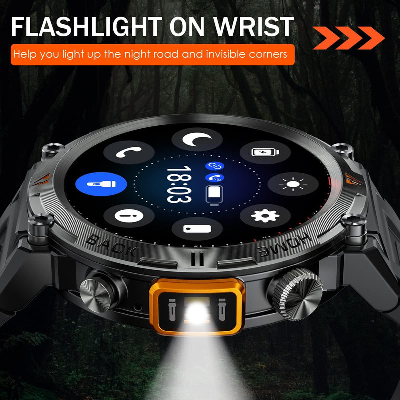 Military Smart Watch for Men with LED Flashlight 1.45" HD 3ATM Waterproof | Rugged Smart Watch with 100+ Sports Modes Fitness Tracker with Heart Rate/Sleep Monitor Tactical Smartwatch for iOS Android Orange