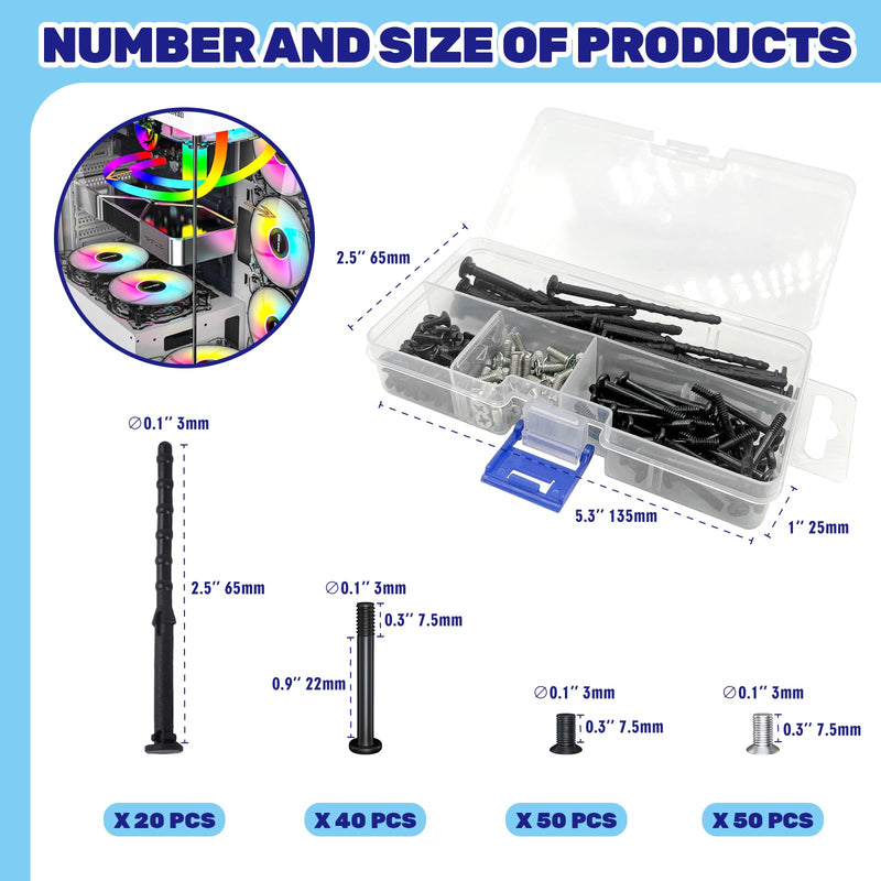 160Pcs PC Computer Case Cooling Fan Mount Screws Set, M5x10 Black and Silver Case Fan Mounting Screws and 65mm Soft Rubber Rivet, Laptops Computer Screw Kit