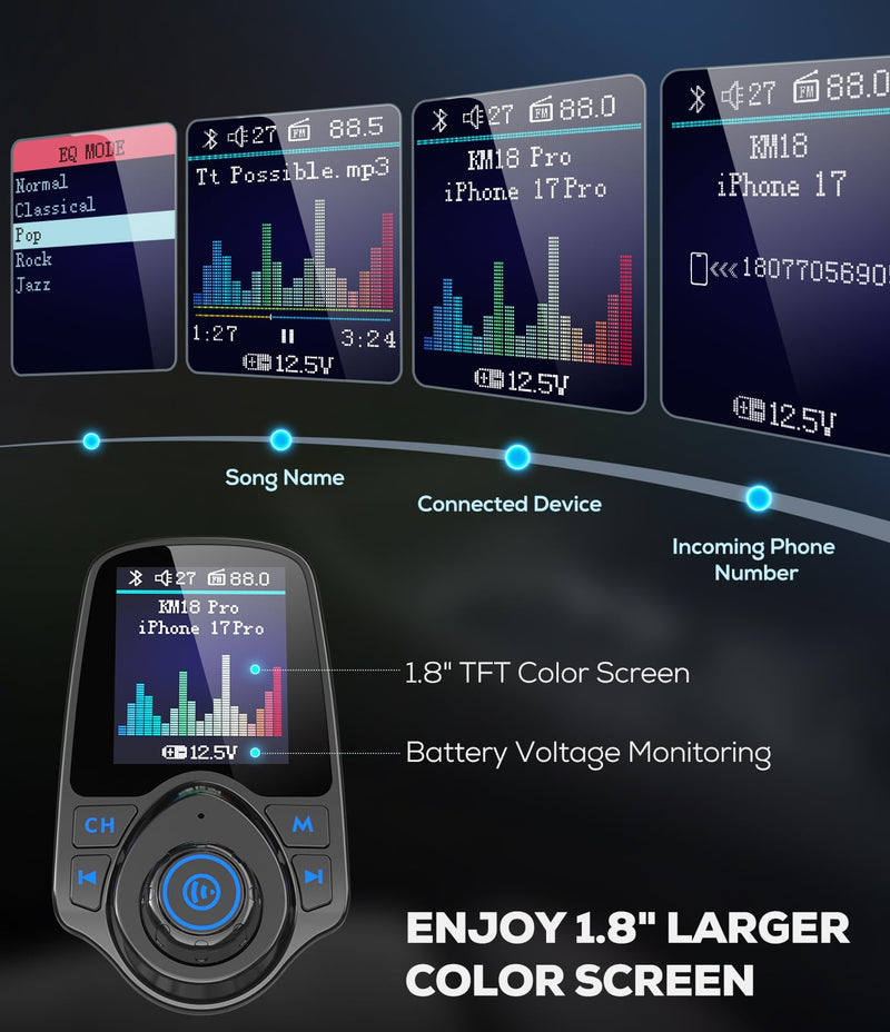 [AUSTRALIA] - Nulaxy [2026 KM18 Upgraded Version] 1.8" Color Screen 48W Bluetooth 5.4 Car Adapter, Dual Fast Charging Ports [PD 30W & QC3.0 18W] Wireless Radio FM Transmitter, Hands-Free Call, 7 EQ Modes, Black 
