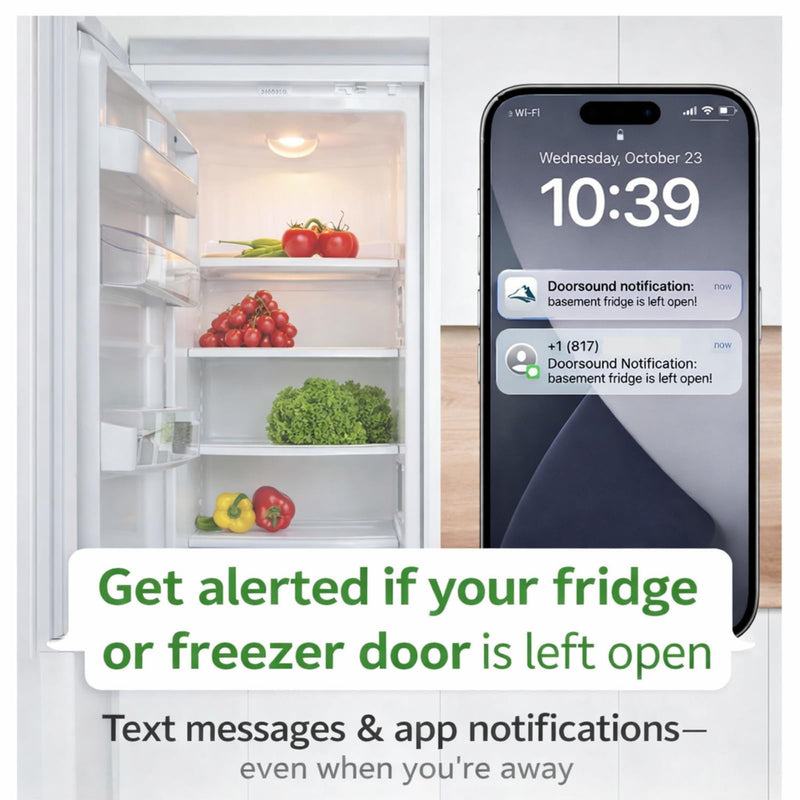 Doorsound WiFi Freezer & Refrigerator Door Alarm – Text & App Notifications When Door is Left Open, Adjustable Delay & Volume, No Hub, No Subscription main white