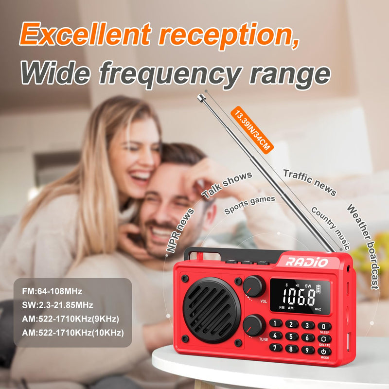 [AUSTRALIA] - Portable Radio AM FM 1500mAh Rechargeable with Best Reception, Transistor shortwave Radio Wireless Bluetooth Speaker, with Large LCD Screen, Support TF Card U Disk, Earphone, Sleep Timer (Red) Red 