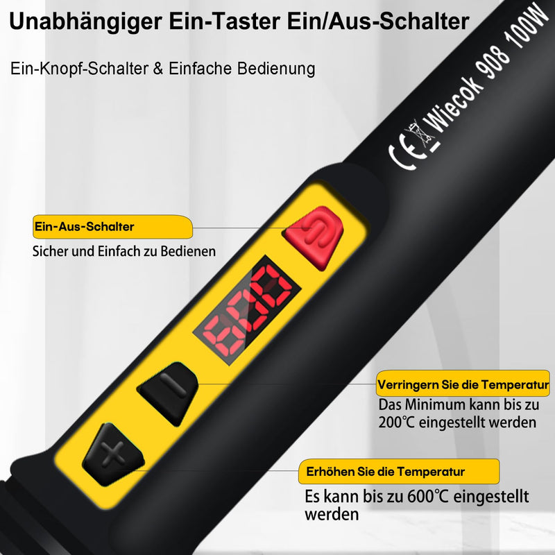 Soldering Iron Set 100 W LCD, Soldering Iron with Adjustable Temperature 200-600 °C Soldering Iron with On/Off Switch, 15 g Soldering Wire, 5 Soldering Tips, Soldering Set for Electrical Work Black