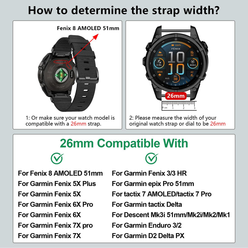 26mm Sport Band for Fenix 8 AMOLED 51mm/7X Pro/7X/6X Pro/6X/5X Plus/5X/3 HR/3,Quickfit Watch Strap Compatible with Enduro 3 2/epix Pro 51mm/Descent Mk3i 51mm/tactix 7 Pro