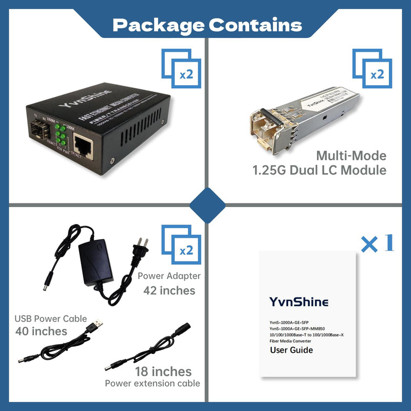 YvnShineGigabit Fiber Media Converter 2-Pack, MultiMode LC to RJ45 | Includes 2X 1.25G SFP Modules (850nm, 550m), 10/100/1000Base-Tx to 1000Base-SX Network Extension Kit Black 2 PCS MultiMode Dual LC