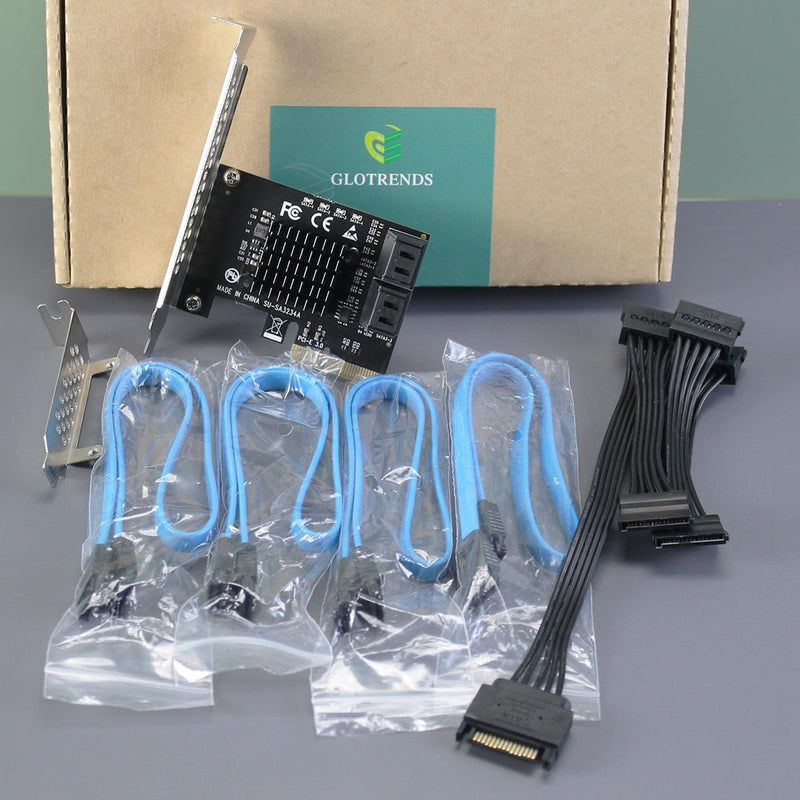 GLOTRENDS SA3234A 4-ports PCIe X2 SATA 3.0 Expansion Card, Support OS Booting, Including SATA Cables and 1:5 SATA Splitter Power Cable, Compatible with Windows, Linux, Mac OS, NAS 4-Port, X2