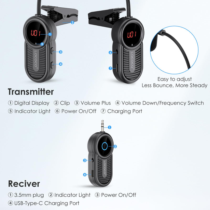 Wireless Saxophone Microphone System for Instruments: UHF Rechargeable Instruments Microphone Receiver and Transmitter - 160ft Range. Plug and Play - Clip-on Mics Suitable for Sax Trumpet, Trombone LG-06