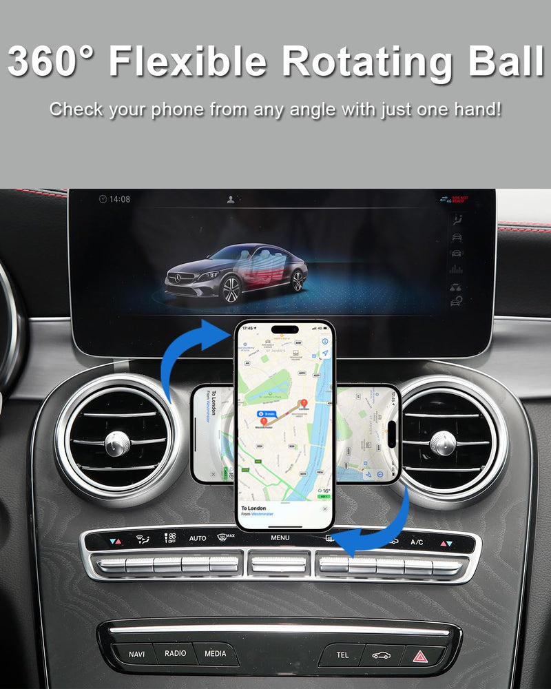 Magnetic Car Phone Holder for Mercedes Benz GLC, C-Class, E-Class | Round Air Vent Mount, Strong Magnets, 360 Adjustable, HandsFree, for iPhone 17 16 15 14 13 Pro Max, Black