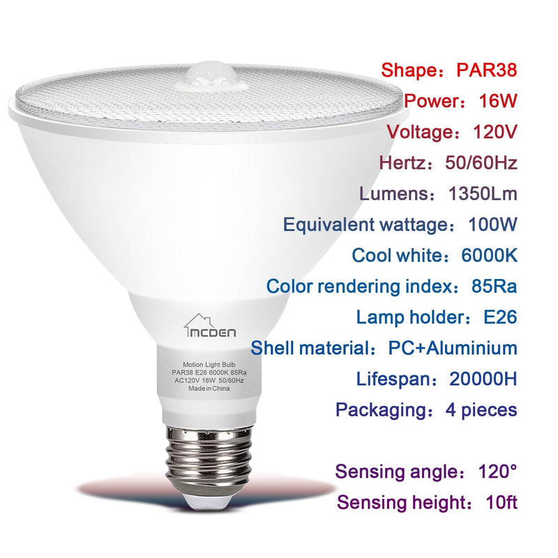 McDen Motion Sensor Light Bulb, PAR38 16W Equivalent 100W 6000K Daylight, Indoor Motion Activation Detector Light Bulb, E26 Base Dusk to Dawn Security Night Light.LED Flood Lights Outdoor, 4 Packs Daylight White PAR38-16W