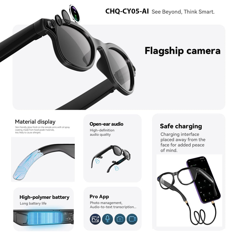 AI Smart Glasses with Camera,8MP Camera Glasses,1200P Video Record Glasses | Real Time Translation,AI Assistant,Object Recognition,Open-Ear Audio,Bluetooth,Replaceable Sunglasses Lenses for Men Women