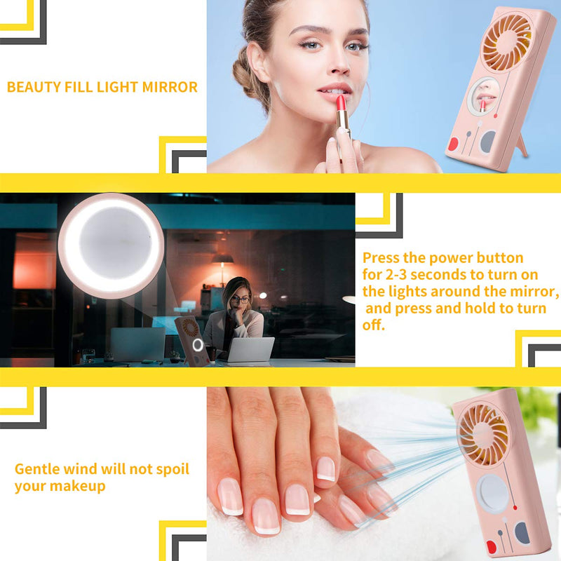 Handheld Fan Rechargeable with Fragrance Dish, Mini Fan Portable 3 Speeds with Make-up Mirror Fill-in Light, USB Fan for Women Outdoor,Traveling - Pink