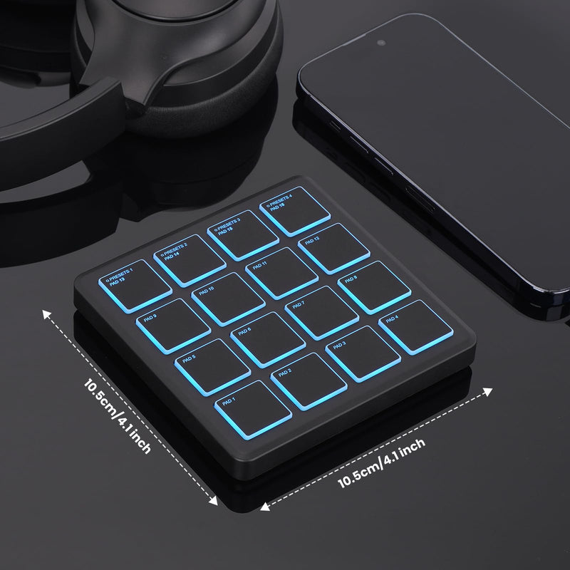 M-VAVE Wireless MIDI Controller Pads, 4.1 * 4.1 Inch, 0.28 LBS, Bluetooth Portable USB with 16 Drum, Note Repeat, Full Level Buttons, Rechargeable battery (Black Pocket)