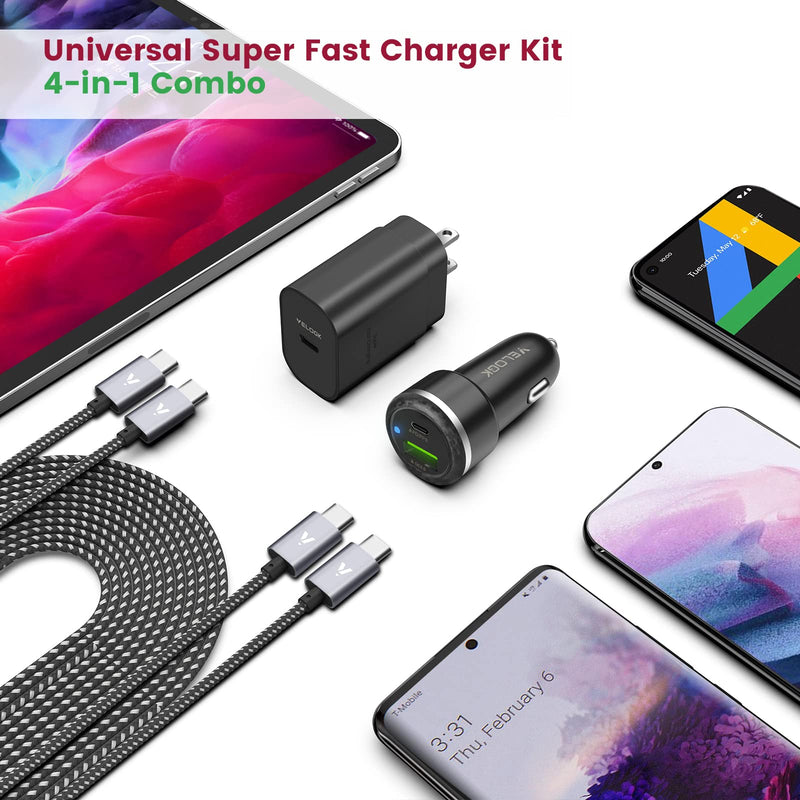 Super Fast Charger Type C Kit, VELOGK 25W PD PPS USB C Wall/Car Charger for Samsung Galaxy S24/S23 Ultra/S23+/S23/S22/S21/S20/Plus/Ultra/FE/Note 20/A71, iPad Pro, with 2X Nylon USB C-to-C Cable(3.3ft) 3.3ft
