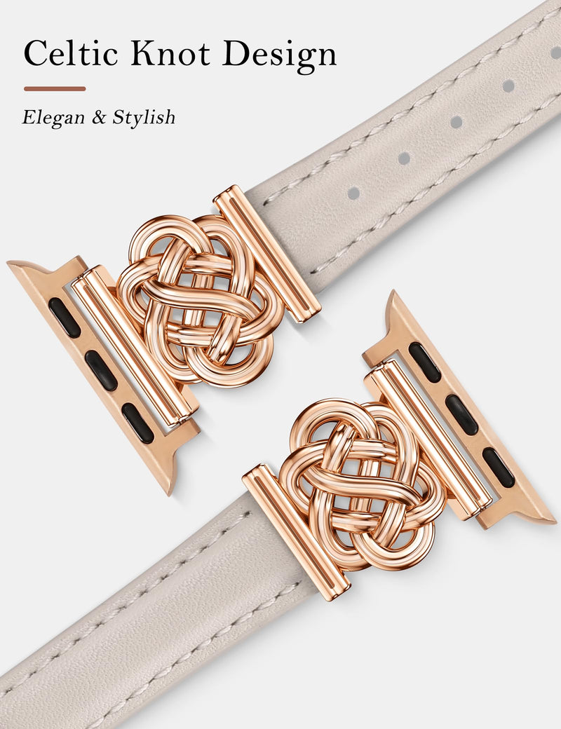 Minyee 2 Packs Compatible with Apple Watch Band 42/46/41/40/38/44/45/49mm Women, Dressy Slim Thin Celtic Knot Leather Strap & Dressy Honeycomb Metal Gold Silver Link Bracelet