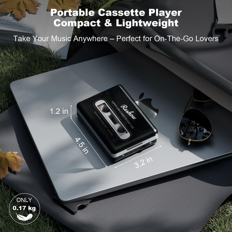 Reshow Cassette Tape Player, Portable Tape Player Audio Cassette to Digital Converter, Convert Cassette Tape Recorder to iPod Format Compatible with Laptops and Personal Computers - Black