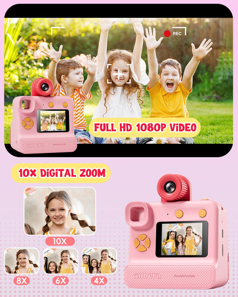 Kids Camera Instant Print, Christmas Birthday Gifts for Toddle Girls Boys Age 3-12, 20MP & 1080P Selfie Digital Camera with 3 Roll No-Ink Print Paper 32G SD Card - Pink