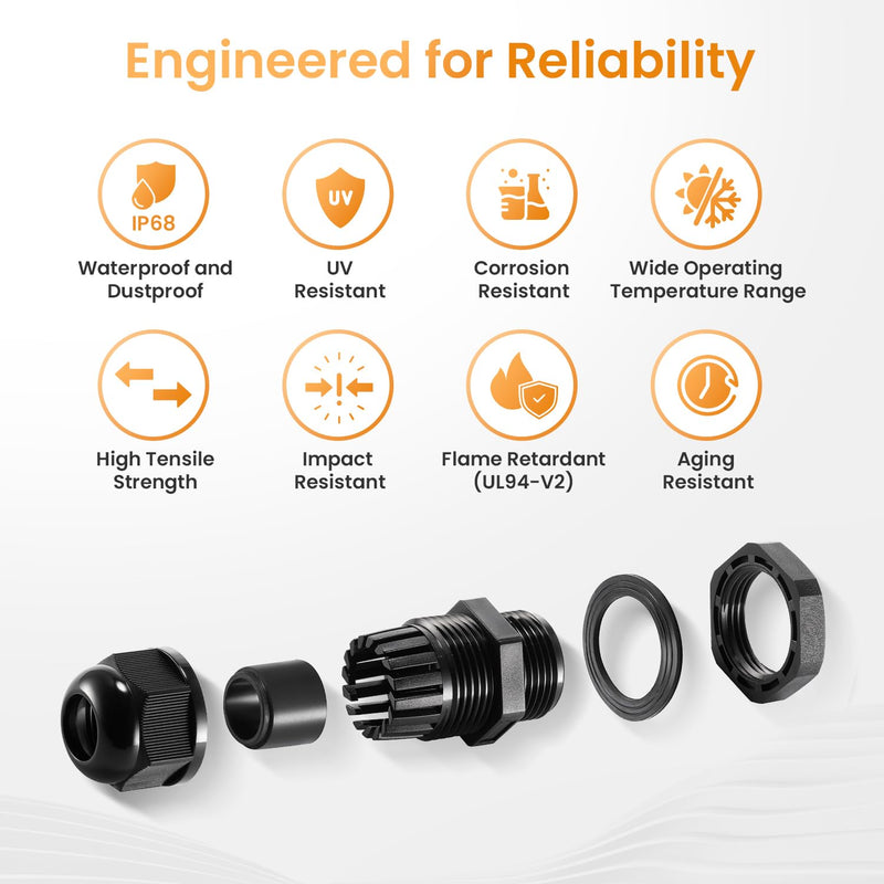 QILIPSU 50pcs 3/8" NPT Cable Gland Waterproof IP68 Nylon Cable Pass Through Cord Grip Connector Strain Relief Wire Grommet 3/8" NPT 50pcs