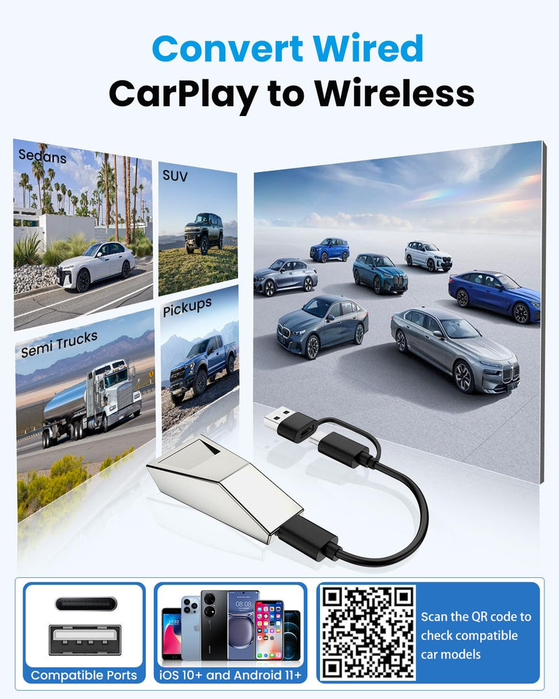 2-in-1 Wireless CarPlay & Android Auto Adapter, Convert Wired to Wireless | RTL8730E Dual Core Chip, WiFi 6 & BT5.3,Cyberpunk Aluminum Alloy,Plug & Play,Auto-Reconnect,iPhone iOS 10+ / Android 11+,