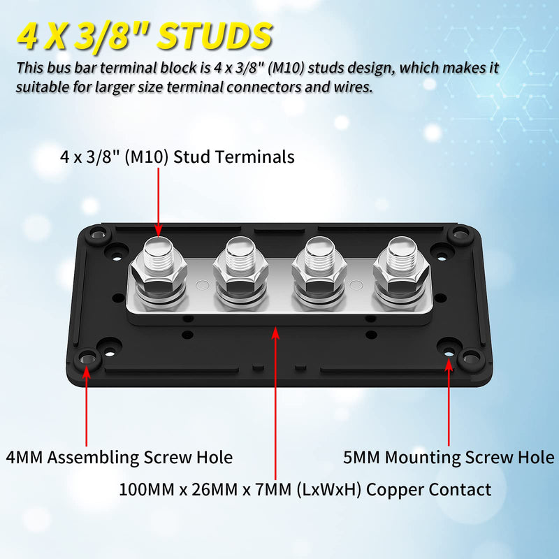 Joinfworld 300A Bus Bar Waterproof Power Distribution Block Heavy Duty with Battery Disconnect Switch 12V-48V