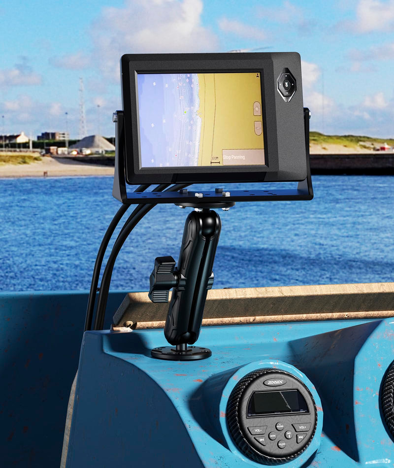 VAZESWIN 1" Ball Fish Finder Mount for Garmin Striker 4/Plus 4/Vivid 4cv | Aluminum Alloy, 5.9" Long Arm & Double AMPS Round Plates, Universal Marine Electronic Mount for Lowrance Humminbird Raymarine