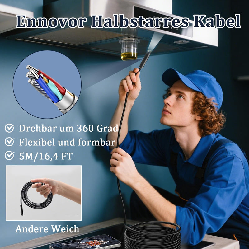 Ennovor Endoscope Camera with Light, 1920P HD Inspection Camera, Channel Camera 7.9mm with 8 LED Light, Waterproof IP67 Tube Camera, No WiFi, for Android & iOS, for Cars | Pipes | Machinery (5M) W401