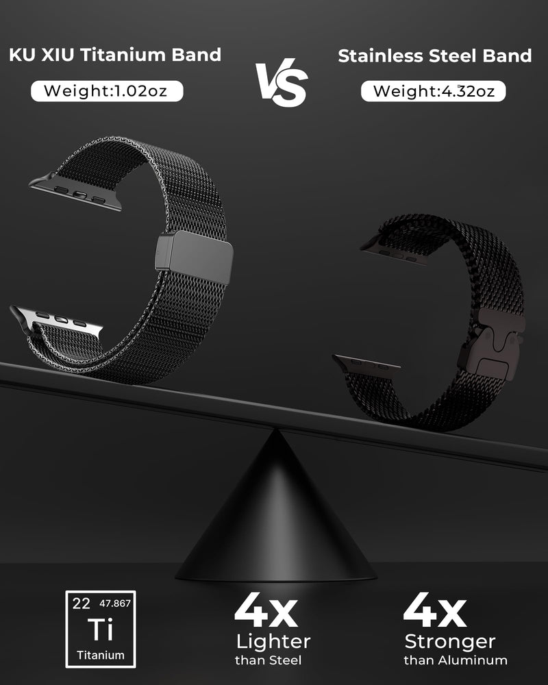 KU XIU Pure Titanium Watch Band for Apple Watch Ultra 3/2/1 & Series 42-49mm, Adjustable Metal Band with Magnetic Clasp, Premium Color Matching Stylish Mesh, Men's Smartwatch Replacement Band, Black T02- Black
