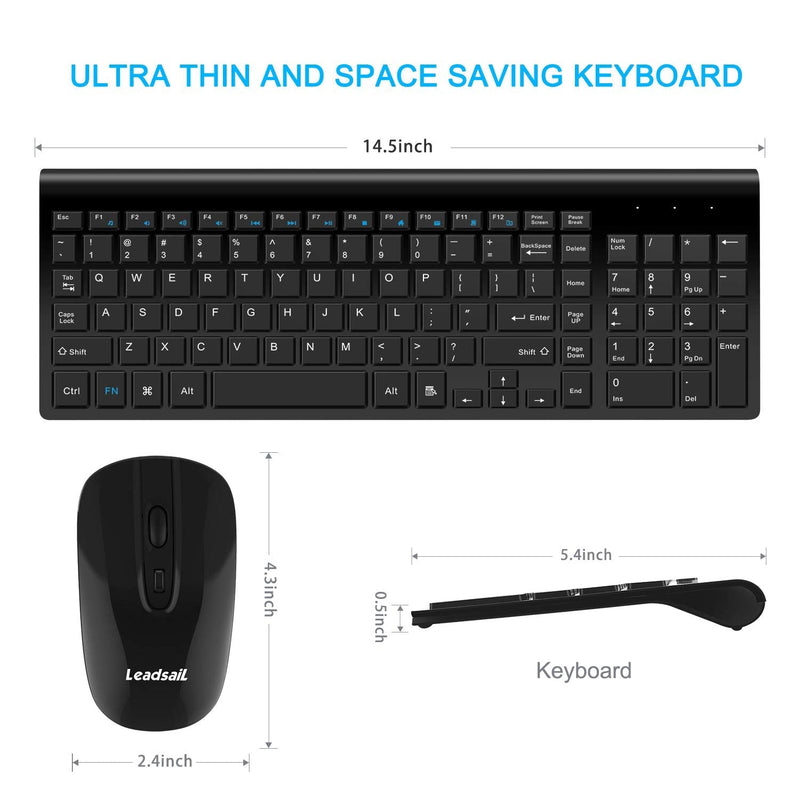 LeadsaiL Wireless Keyboard and Mouse, Wireless Mouse and Keyboard Combo, Cordless USB Computer Keyboard and Mouse Set, Ergonomic, Silent, Compact Slim for Windows Laptop, Apple, iMac, Desktop, PC Black