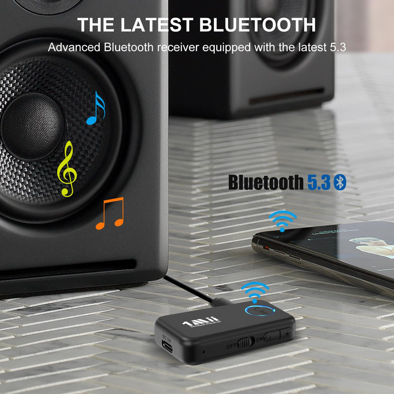 1Mii Bluetooth 5.3 Music Receiver for Car/Home Stereo, Aux Bluetooth Adapter for Car with Volume Control Supports Hands Free Calls, 16H Battery Life
