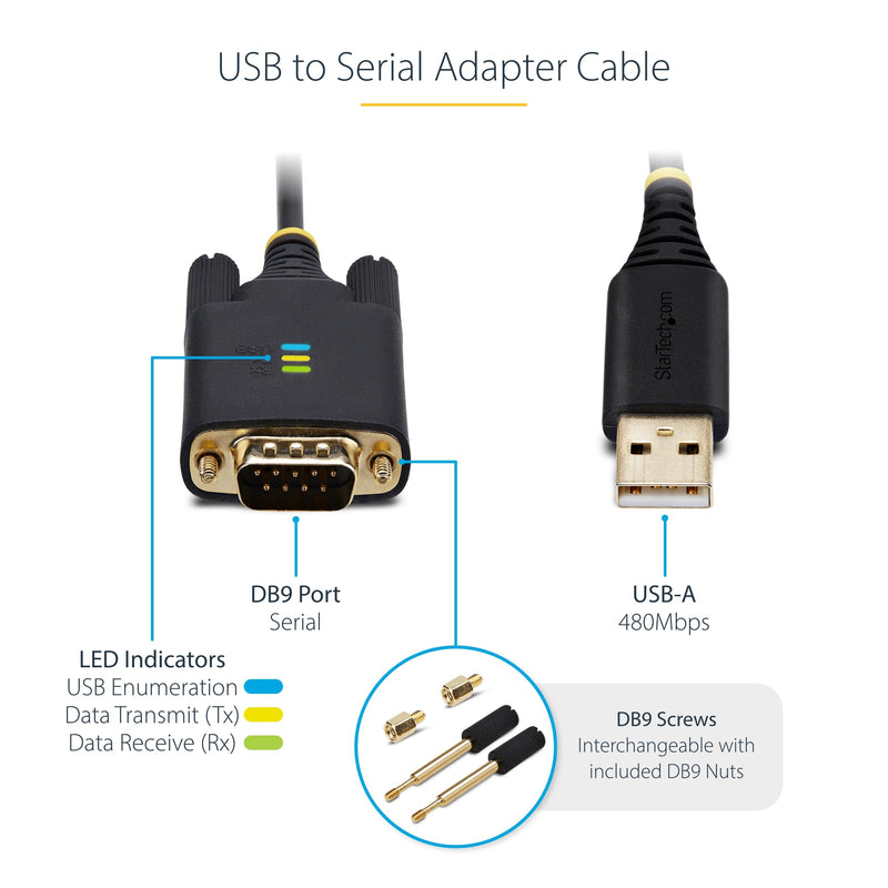 StarTech 6ft USB to Serial Adapter Cable, FTDI (1P6FFC-USB-SERIAL) | USB-A to DB9 RS232, Interchangeable DB9 Screws Nuts, COM Retention, LED Indicators