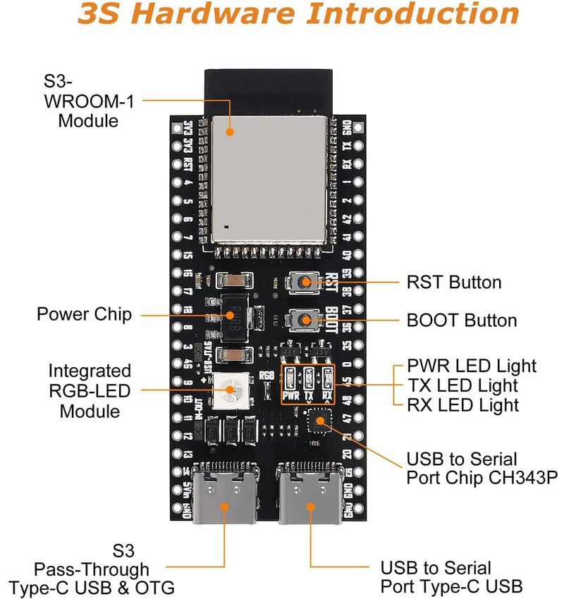 ESP ESP-32-S3 Development Board ESP-32-S3 Module with ESP-1-N16R8 Low Power MCU with Dual-Mode Wi-Fi and Bluetooth Type-C Connector Compatible with Arduino 1
