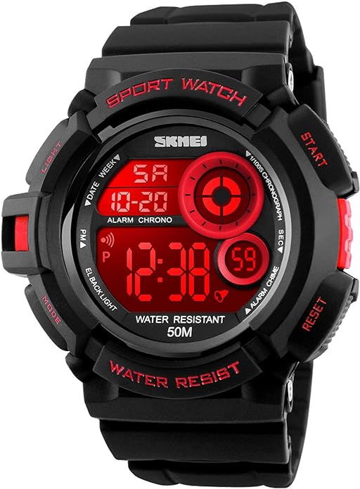 Mens Military Multifunction Digital Watches 50M Water Resistant Electronic 7 Color LED Backlight Black Sports Watch red