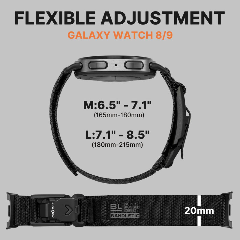 Bandletic Nylon Band Compatible with Samsung Galaxy Watch 9/8/8 Classic | No Gap Comfortable Breathable Soft Replacement Strap for Women Men with Magnetic Fidlock V-Buckle,For Sports & Outdoors Black Large 7.1"-8.5"(180mm-215mm)