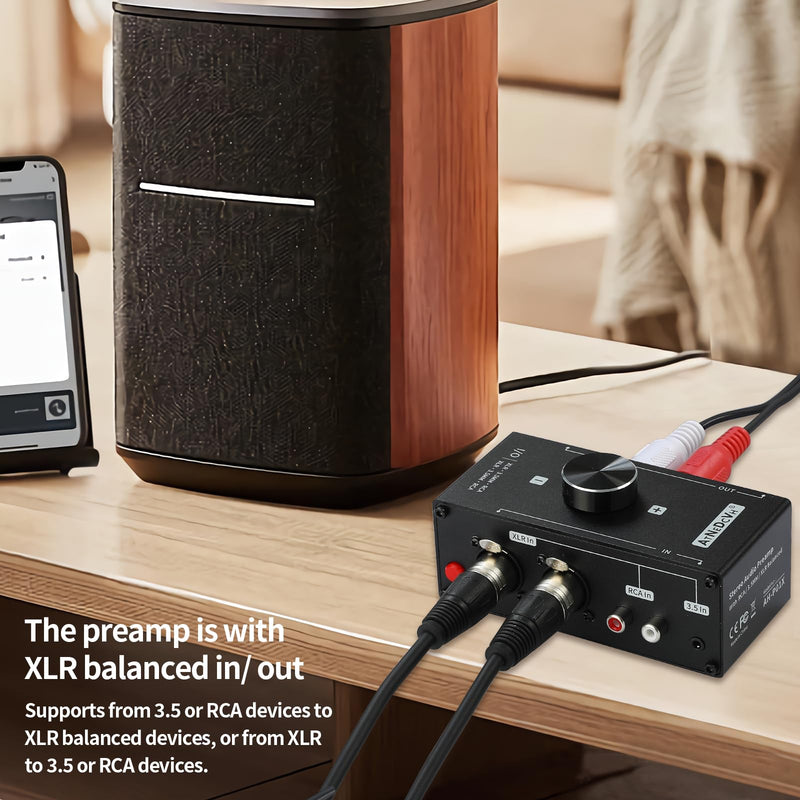 [AUSTRALIA] - Stereo Audio Preamplifier - XLR Balanced RCA 3.5mm Input to XLR Balanced RCA 3.5mm Output Converter Adapter amp - Headphone Amplifier, Gain 20dB Phono Turntable Phonograph Preamp (Black) Black 