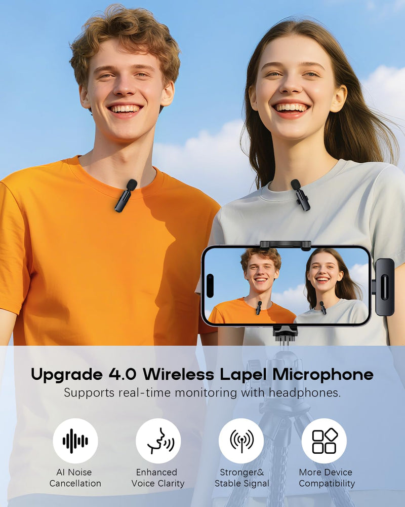 [AUSTRALIA] - Wireless Mini Microphone for iPhone - 2 Pack Lavalier Bluetooth Microphone for Video Recording, 2 in 1 Noise Reduction Lapel Mic for Ipad, Android,Clip-on Mini Mic for Content Creators Podcast Black-(USB-C + Lightning) 