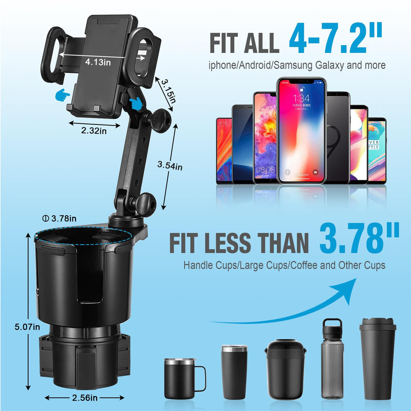 Cup Holder Phone Mount, 2 in 1 Cup Holder Expander for Car Long Arm with 360°Rotation Cup Holder Cell Phone Holder for Car Compatible with All Smartphones