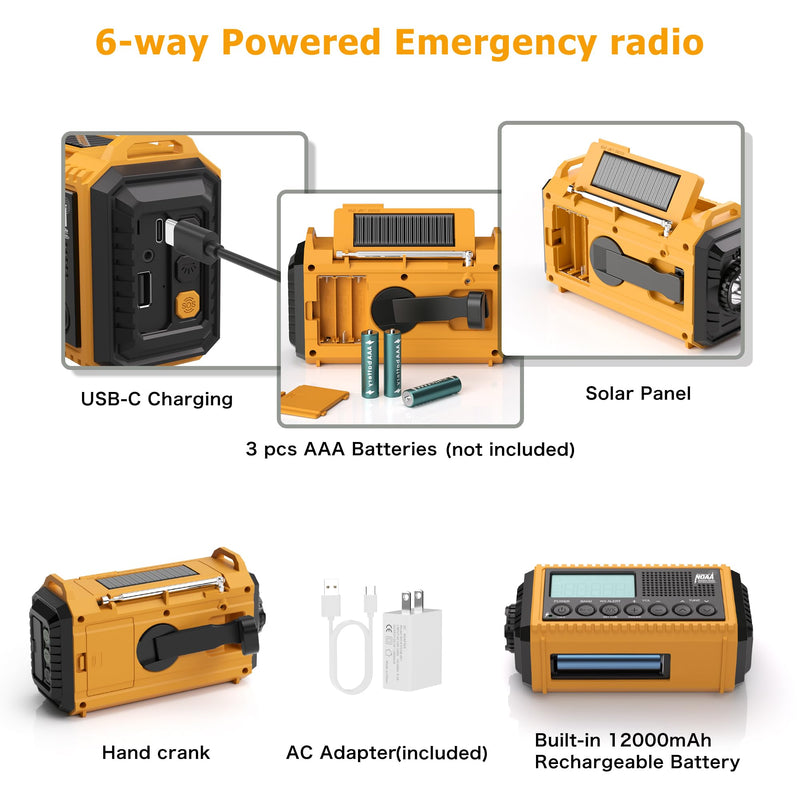 12000mAh NOAA Emergency Weather Radio, Hand Crank Emergency Radio Portable AM FM Shortwave, Solar Rechargeable Battery Powered Radio with USB-C Charger & Adapter, SOS Alert Flashlight for Home Camping 12000mAh Yellow with LCD Display