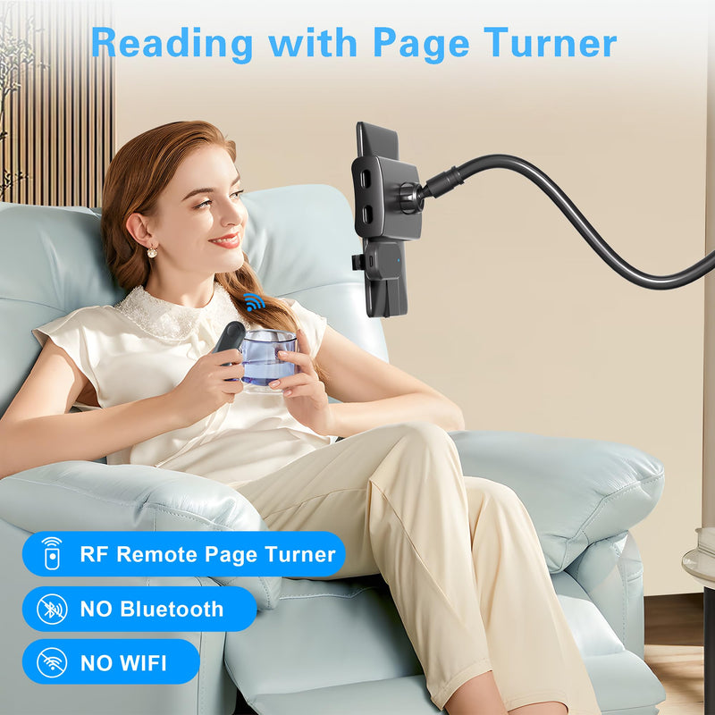 Gooseneck Tablet Holder for Kindle Reading in Bed with Page Turner Remote, Hands Free Desk Bedside Lazy Arm Stand for Kindle Accessories, Gifts for Readers Glossy Black