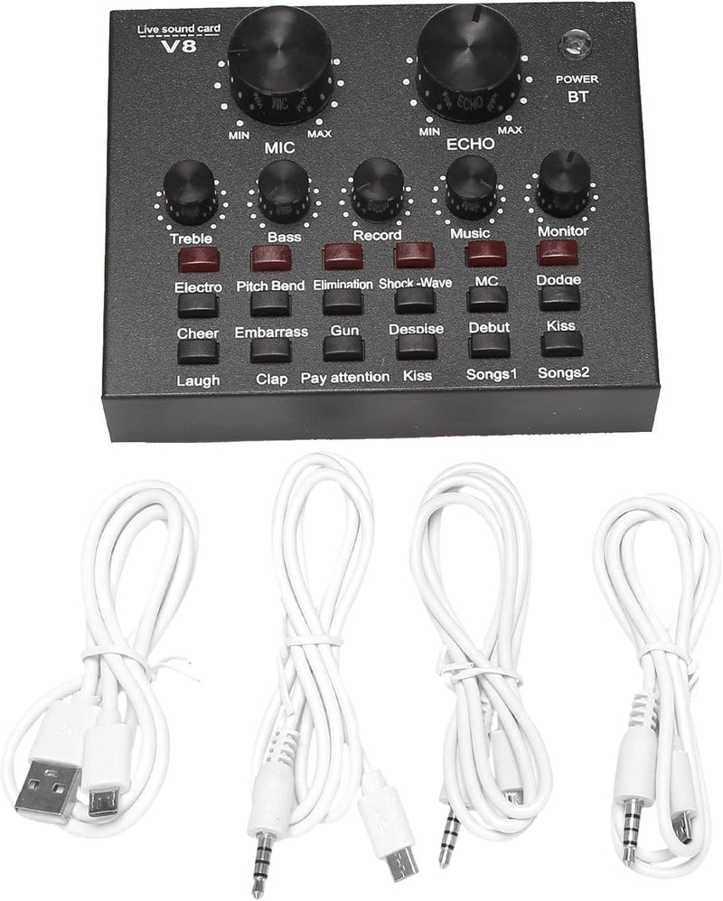 V8-Live Sound Card, Audio Mixer USB External Sound Card Headset Microphone Live Sound Card Karaoke for Double Cell Phone Live Computer PC Live Recording Home KTV Voice Chat Black