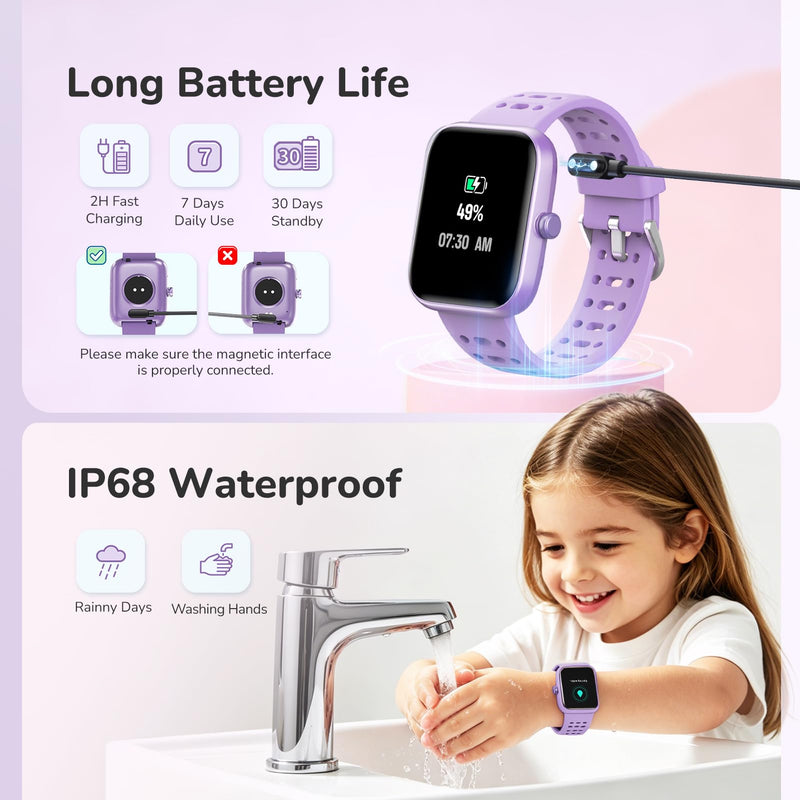 ENOMIR Kids Smart Watch for Girls, Health Monitor,Pedometer Watch for Kids | Smart Watch for Kids with Puzzle Games, Sleep/Heart Rate//SpO2 Monitor, Activities Track,Alarm Reminders,Gifts for Girls 5-16 Purple 2 Straps