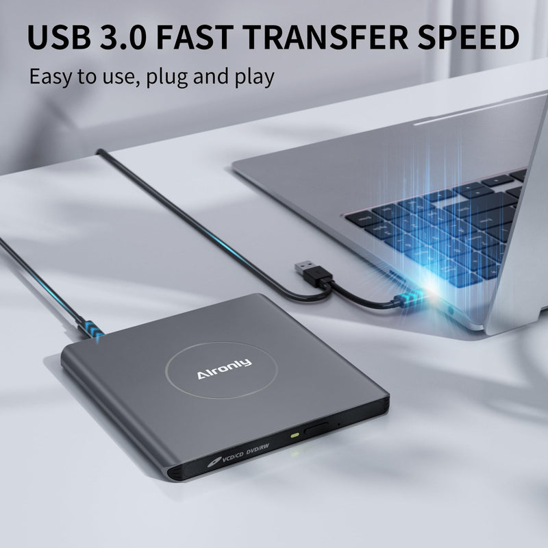 External CD/DVD Drive USB 3.0 Type-C Burner for Laptop Windows Mac | 8x DVD / 24x CD speed • USB‑A cable / USB‑C • Plug & play, no driver • Slim alloy, 0.5″ & 0.75 lb