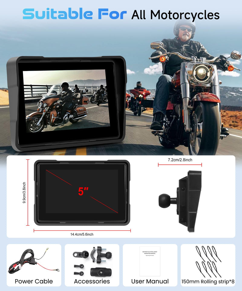 5 Inch Motorcycle Wireless CarPlay GPS Navigation System | Android Auto Portable CarPlay Screen for Motorcycle, Dual Bluetooth, Si-ri, Goo-gle Assistant, IP67 Waterproof Moto Screen