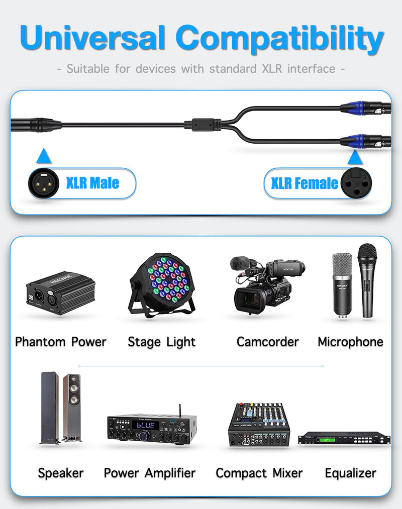 Balanced XLR Y Splitter Cable, XLR Microphone Cable, Male to 2 Female XLR Splitter, 3-Pin XLR Plugs to Dual XLR Jack Adaptor Cord, 1 foot, Blue