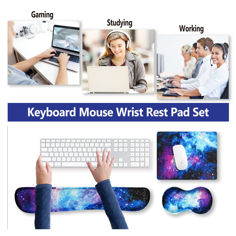 ArtSo Keyboard Wrist Rest and Mouse Pad with Wrist Support Set Ergonomic Coaster, Memory Foam Mousepad 4 in 1 Non-Slip Rubber Base Durable Comfortable for Easy Typing Pain Relief, Starry Sky Galaxy