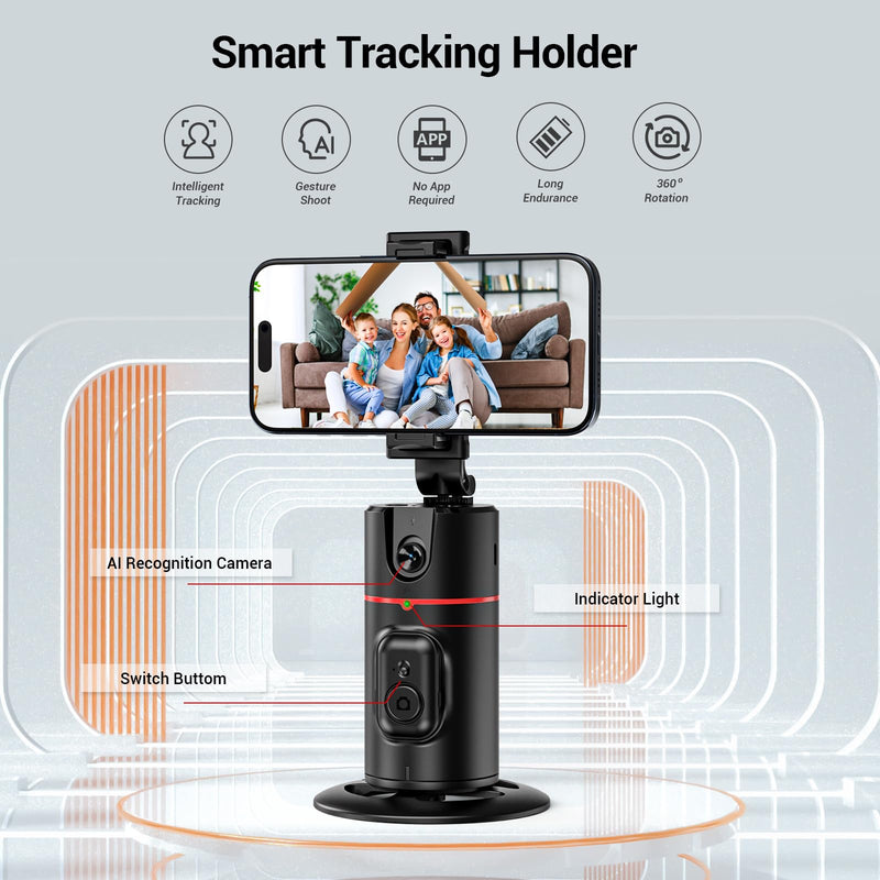 Auto Face Tracking Tripod 360° Rotating Auto Tracking Phone Holder, No App, Phone Camera Stand with Remote and Gesture Control, Smart Shooting Stand for Vlog/TIK Tok Live Video Recording Black