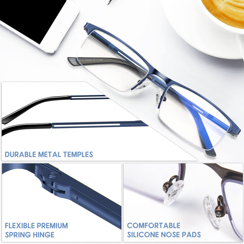 Blue Light Blocking Reading Glasses for Men, Half Frame Metal Readers Spring Hinge Eyeglasses Anti Eyestrain/Glare/UV 5 Pack Mix Color 1.5 x